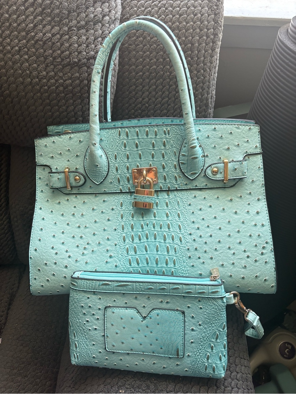DASEIN , Sky Blue Ostrich-Embossed Tote with Matching Wristlet